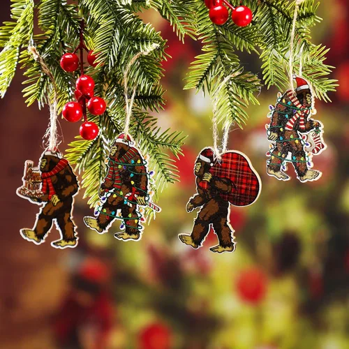 Vista 5 de Kathfly Bigfoot - Adorno de Navidad de madera Sasquatch colgante Bigfoot divertido árbol de Navidad, decoración de gorila, adornos colgantes