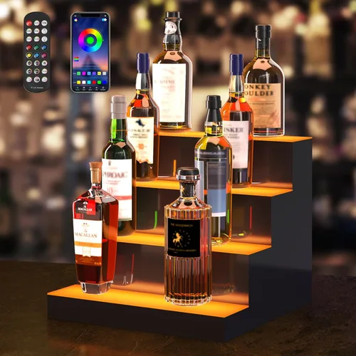 Vista 8 de VEVOR Pantalla de botella de licor con iluminación LED, 2 niveles de 30 pulgadas, compatible con USB, estante iluminado de bar para el hogar