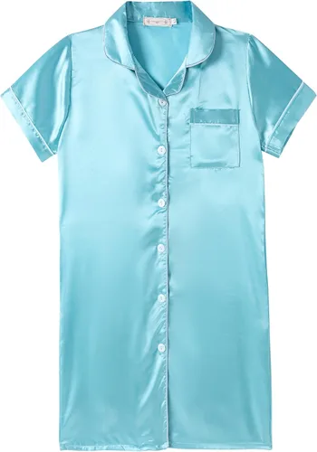 Vista 8 de Hupohoi - Vestido de pijama de satén para niñas, con botones, ropa de dormir sedosa, camisón de manga corta, camisa de noche, vestidos Negro