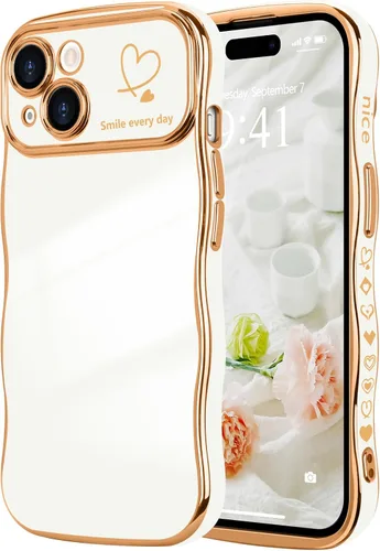 Vista 18 de LCHULLE - Funda para iPhone Air, linda para mujeres y niñas, con forma de onda, color azul bebé Luxury Plating Curly Wavy Frame with Love Heart