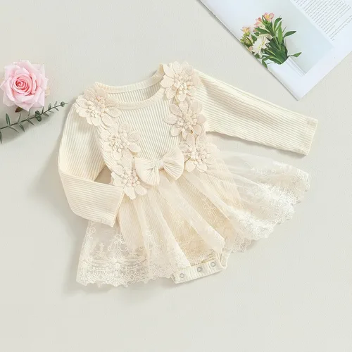 Vista 3 de Mameluco para bebé recién nacido, manga larga, con volantes, vestido floral 3D, ropa de otoño
