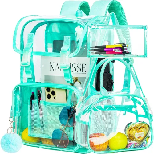 Vista 32 de Mochila transparente, aprobada por el estadio, para niñas y niños, mochila transparente de PVC resistente para mujeres y hombres