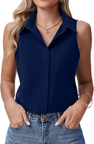 Vista 11 de HOTOUCH Camisas sin mangas con botones ocultos para mujer, frente con botones ocultos, cuello, blusas casuales elegantes holgadas para oficina