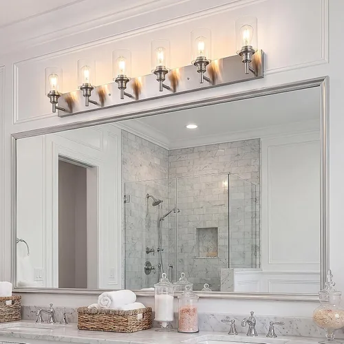 Vista 3 de 6 luces de tocador de baño, níquel cepillado, accesorios de iluminación de baño sobre espejo con vidrio transparente, aplique de pared industrial