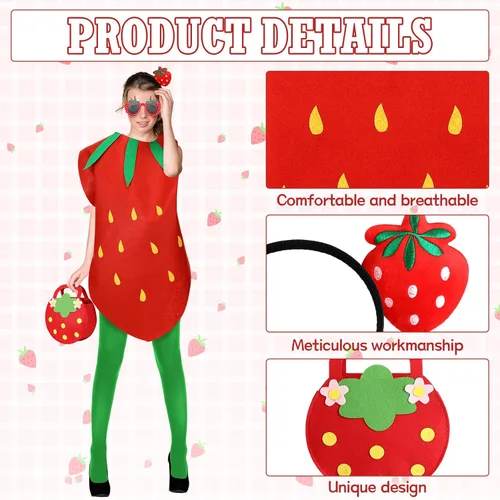 Vista 2 de Jiuguva 5 piezas unisex Halloween fresa disfraz de fruta traje de la cabeza pantimedias gafas bolsa ropa fresa para adultos