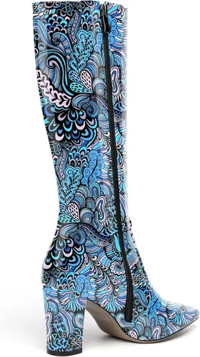 Vista 180 de AMBELIGHT Botas altas hasta la rodilla con cremallera y puntera puntiaguda para mujer, de patente sólida, tacón alto, 3.3 pulgadas