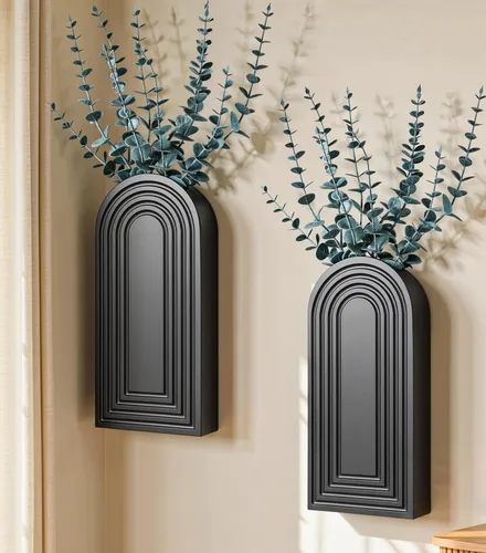 Vista 6 de DREAMLOOM Paquete de 2 jarrones de pared de madera con plantas artificiales de eucalipto, macetas para colgar en la pared, estilo bohemio y moderno