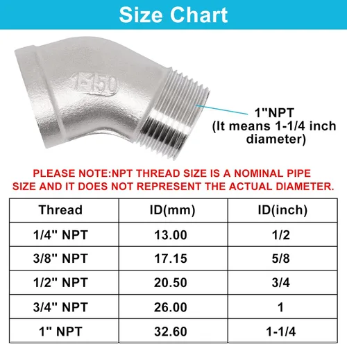 Vista 2 de 1 PIEZA Accesorios de Codo de 45 Grados, Tubo Macho NPT de 1" a 1" NPT Hembra 304 Accesorio de Tubería de Acero Inoxidable, Acoplador Conector