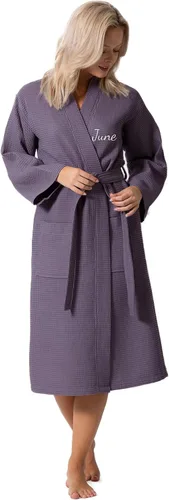 Vista 15 de Turkish Linen Bata tipo kimono ligera de punto gofre, para spa y baño, para mujer, de secado rápido, suaves Negro