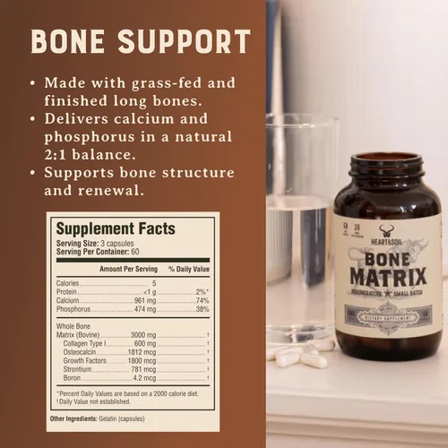 Vista 7 de HEART & SOIL Matriz ósea alimentada con pasto: apoya la salud, la fuerza y la flexibilidad de los huesos y las articulaciones (180 cápsulas) Apoya