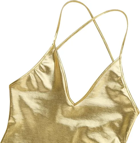 Vista 6 de dPois Tangas de cuero metálico brillante con correa de espalda descubierta para mujer, body monokini