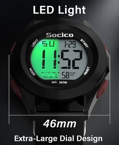 Vista 4 de SOCICO Reloj digital para hombre, deportivo, impermeable, para exteriores, con gran esfera, relojes militares, con cronómetro, luz de fondo, alarma