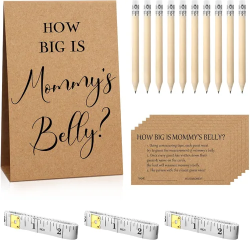 Vista 126 de Sabary 64 Piezas Juegos de Baby Shower Incluyen Letrero How Big is Mommy's Belly Sign Measure Bump Game 50 Tarjetas 10 Lápices 3 Cintas Métricas