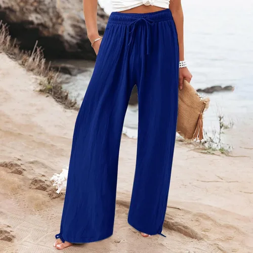 Vista 4 de SHAOBGE Pantalones palazzo de verano para mujer, cintura alta, pierna ancha, casual, cintura elástica, pantalones de playa con bolsillos