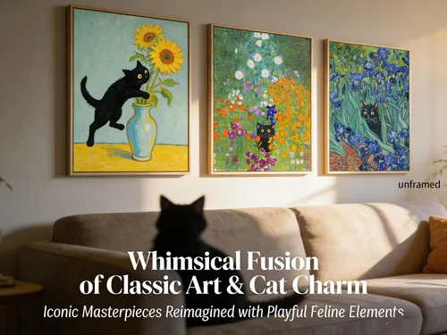 Vista 3 de 9 piezas divertidas de arte de pared de gato negro, gatos negros retro en pinturas famosas, carteles impresos, lindos gatos coloridos, decoración
