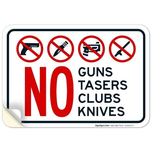 Vista 18 de Letrero de No Guns No Tasers No Clubs No Knives de 10 x 7 pulgadas, libre de óxido, aluminio 040, resistente a la decoloración, fabricado en Estados