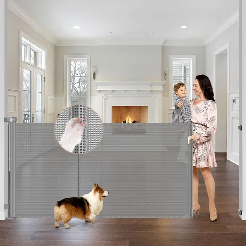 Vista 11 de Puerta Reforzada para Mascotas Extra Alta de 42" y Puerta Retráctil para Bebés de 55" de Ancho con Varillas de Soporte - Puerta Retráctil para Negro