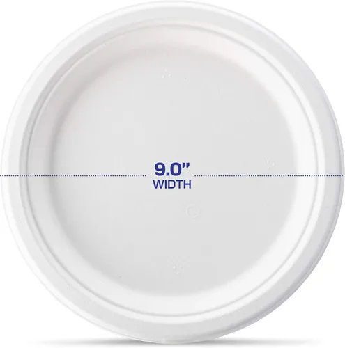 Vista 2 de Plato llano redondo desechable de bagazo blanco de 9 pulgadas, 100% fibras de caña de azúcar naturales compostables, resistente, a prueba de fugas