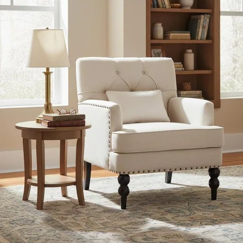 Vista 4 de HUIMO Silla de Club Acolchada, Silla de Acento con Almohada Lumbar, Sillón Tapizado con Botones, Sillas de Sofá de Tela de Lino para Dormitorio