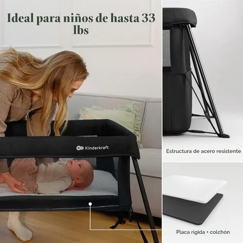 Vista 4 de Kinderkraft Cami 3 in 1 Convertible Travel Cot Black Negro