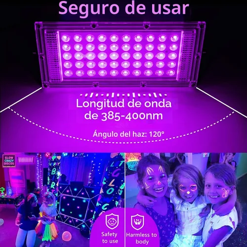 Vista 3 de Paquete de 2 luces negras de 50 W, luz negra LED con enchufe e interruptor de EE. UU., luces negras para fiestas brillantes y de neón, Halloween