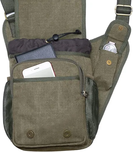 Vista 7 de Bolso de mensajero de lona vintage para hombre, bolso de mensajero de retazos de cuero en el pecho
