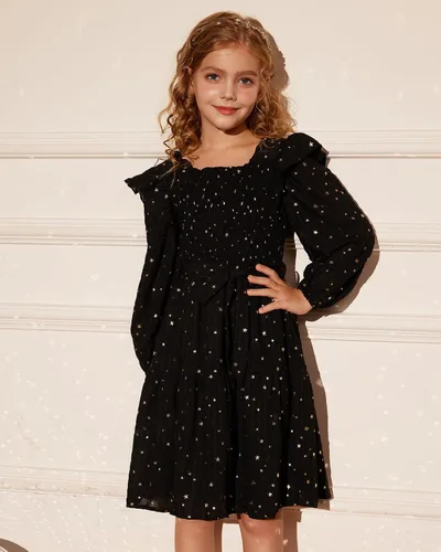 Vista 3 de GRACE KARIN Vestido de otoño para niñas, de manga larga, con volantes, escalonado, brillante, vestido de fiesta de invierno para niñas, talla 5-12