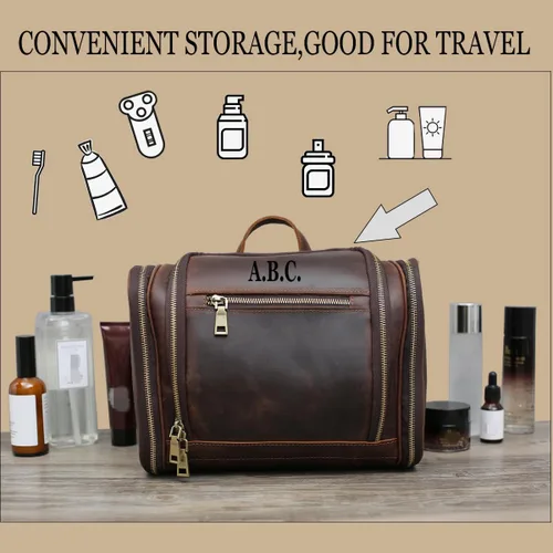 Vista 3 de Neceser colgante, bolsa personalizada de cuero genuino para hombre y mujer, organizador de viaje para artículos de tocador, regalo para el mejor