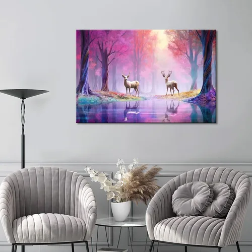 Vista 2 de GLOKAKA Decoración contemporánea para el hogar, arte de pared, paisaje, estampado de animales, ciervos en los bosques coloridos, decoración estética