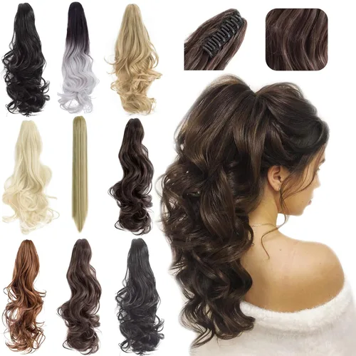 Vista 14 de Felendy Extensión de cola de caballo de 18 pulgadas, mezcla de rubio ceniza, marrón oscuro, rizado, ondulado, con clip, extensiones de cabello largo