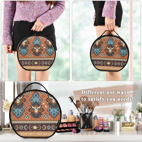 Vista 4 de ALAZA Bolsa de cosméticos de calaveras geométricas aztecas tribales indias, estuche organizador de maquillaje de viaje, bolsa de aseo portátil