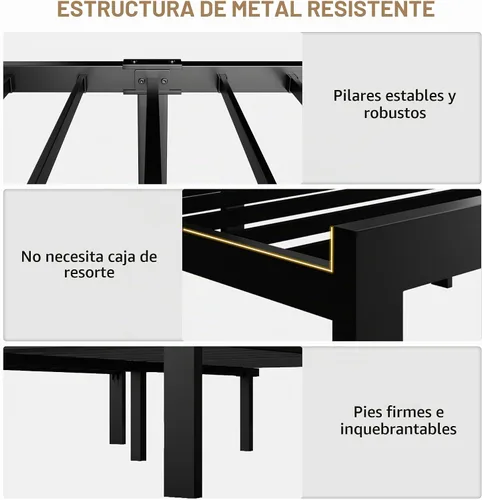 Vista 6 de iPormis Marco de cama tamaño matrimonial de metal, cama con cabecera tapizada con botones de piel sintética, soporte de listones resistentes, 30 cm