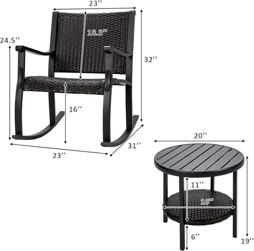 Vista 2 de COSTWAY Juego de 3 sillas mecedoras de ratán para patio, mesa de café, estante de almacenamiento