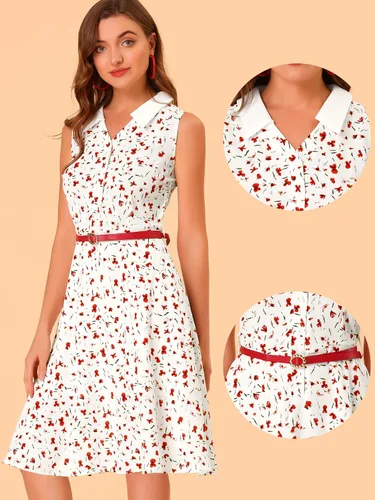 Vista 2 de Allegra K Vestido floral sin mangas con cuello para mujer, vestido retro de media solapa, con cinturón, M
