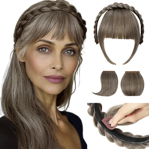 Vista 12 de SARLA Diadema trenzada con 3 flequillos desmontables con clips, extensiones de cabello con flequillo para mujer, banda de cabello sintética falsa