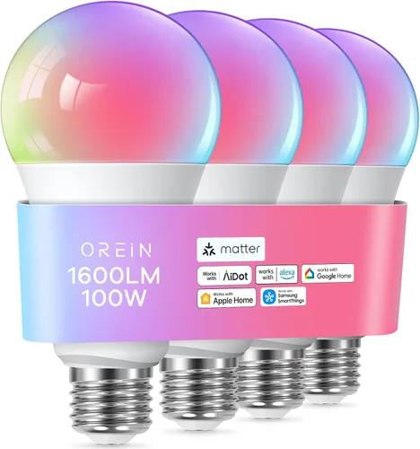 Vista 12 de OREiN Matter Bombilla Inteligente, 1100 Lúmenes Equivalente a 75W Bombillas Inteligentes, Bombillas de Luz que Cambian de Color Funcionan con Apple