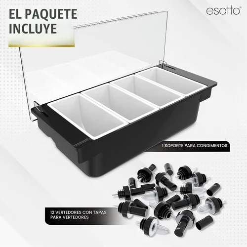 Vista 2 de Esatto - Porta condimentos para bar, bandeja de guarnición refrigerada con tapa para bar, 4 insertos de 1/2 pinta, con 12 vertedores para botellas
