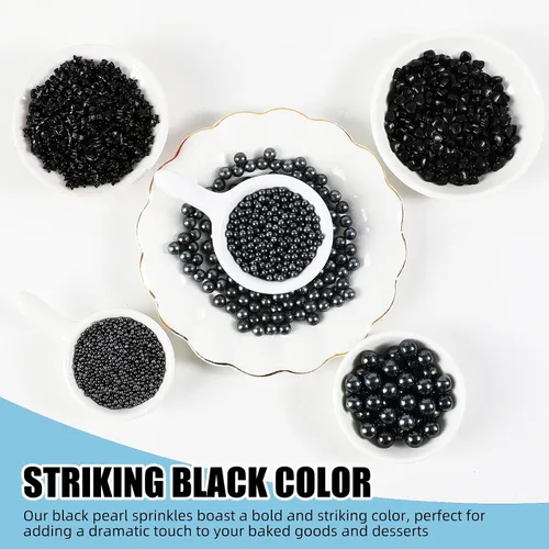 Vista 2 de KASVAN Chispas de perla negra, mezcla de 6 tamaños para decorar pasteles, 230g/8.1oz, decoraciones de pastel para hornear, aderezos de helado y Negro