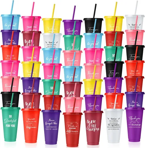 Vista 10 de Nuenen 50 vasos de agradecimiento a los empleados con popote y tapa a granel de 24 onzas, taza de agradecimiento, regalo de fiesta de Navidad, vasos