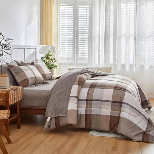 Vista 3 de AIKASY Bed in a Bag - Juego de edredón reversible de microfibra suave de 7 piezas tamaño Queen con diseño de cuadros marrones para todas