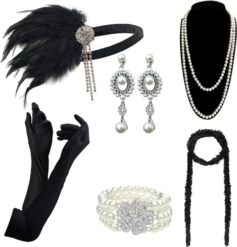 Vista 12 de DRESHOW - Juego de accesorios de El Gran Gatsby de los años 20 para mujer, diadema de flapper, tocado, guantes, disfraz, accesorios de las noches