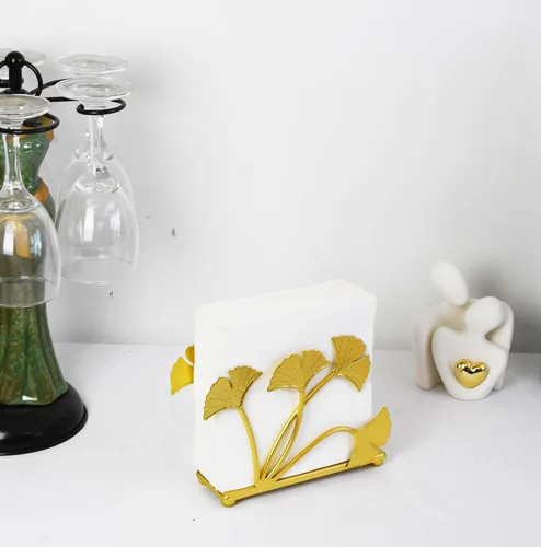 Vista 7 de Owlgift Servilletero moderno de hoja de ginkgo dorado pintado – Servilletero de papel decorativo de hierro de primera calidad de 6.7 pulgadas
