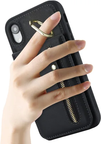 Vista 4 de Funda para iPhone XR Teléfono Cartera para Mujer, Funda para iPhone XR Teléfono con Tarjetero con Tarjeta de Crédito con Anillo Kickstand Cremallera