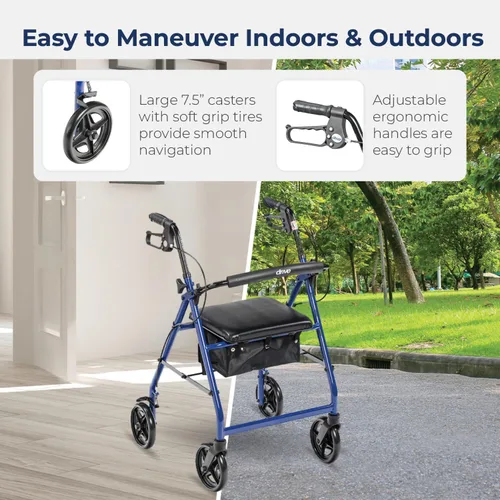 Vista 3 de Andador Drive Medical, de aluminio con ruedas, 7.5 pulgadas, R728BL, Universal, Azul, 1, 1 R728BL - Andador plegable con ruedas que incluye