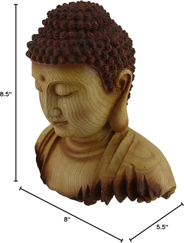 Vista 4 de Zeckos Estatua decorativa de madera tallada de imitación con cabeza de Buda meditadora
