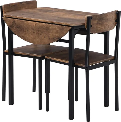 Vista 9 de Moderno juego de mesa de comedor redonda de 3 piezas con hojas caídas y 2 sillas para lugares pequeños, marco negro + acabado marrón rústico