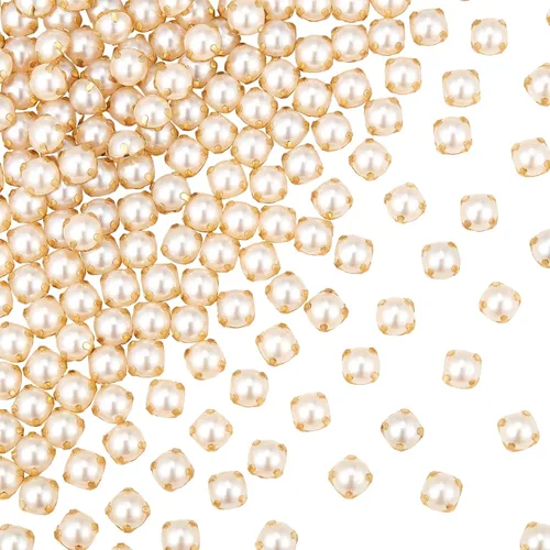 Vista 8 de GORGECRAFT 200 cuentas de perlas para coser, dos agujeros, perlas y diamantes de imitación con garra dorada, parte trasera plana, perlas