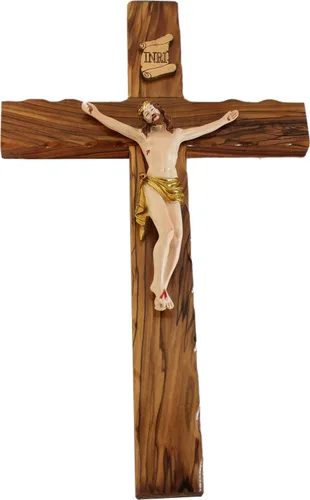 Vista 2 de Cruz de madera de olivo de Holy Land Market/Crucífijo con muestra de la Tierra Santa (12,7 cm)
