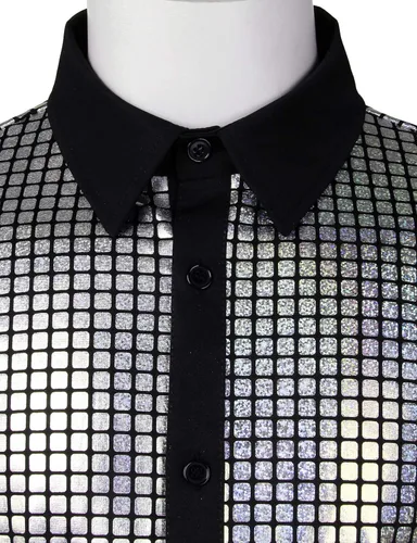 Vista 4 de JOGAL Camisa de vestir para hombre de lentejuelas plateadas manga corta botones hacia abajo de los años 70