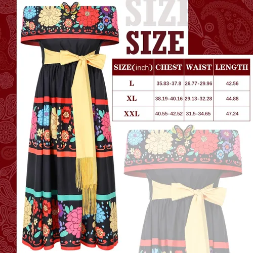 Vista 6 de Xtinmee 4 piezas de disfraces del Día de los Muertos para mujer, incluyen vestido, diadema, guantes y tatuaje facial para cosplay, Halloween